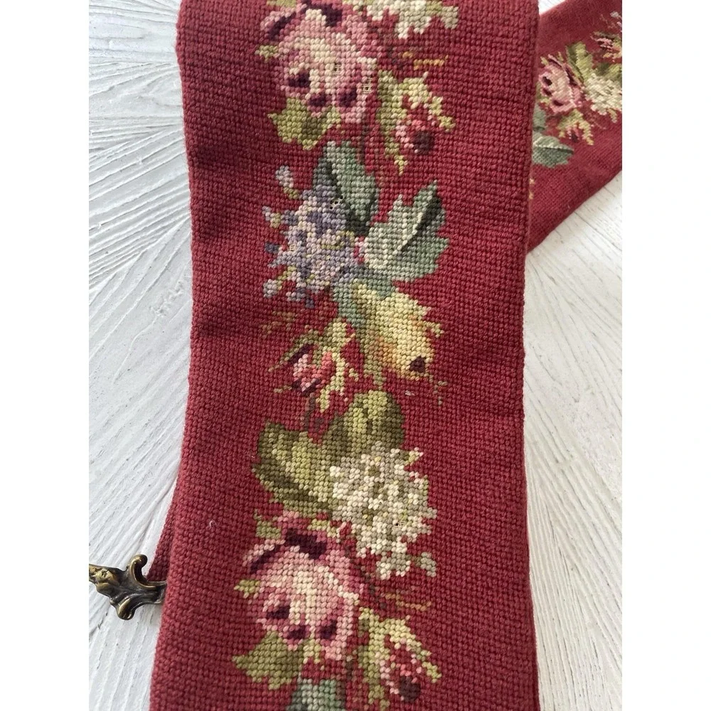 Vtg Burgundy Needlepoint Tapestry Ornate Brass Bell Pull Wall Hanging 63